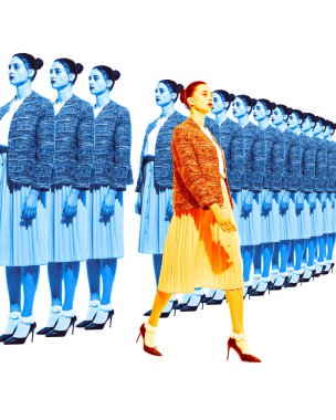 Woman in orange walking ahead of line of uniformly dressed professionals, symbolizing individuality, and innovation. Concept of business, leadership, achievement. Collage made with one model clipart