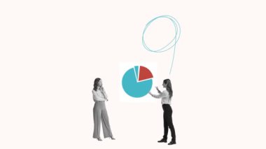 İki iş kadını, karmaşık fikirlerin net stratejilere dönüştürülmesini temsil eden karışık ve net görsel ipliklerle pasta grafiğini tartışıyor. Animasyon klibi. İş anlayışı, takım çalışması