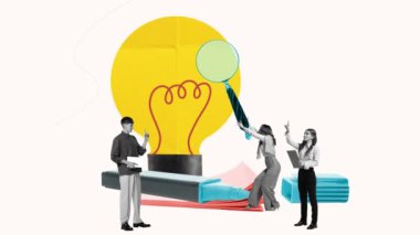 IDEA etiketli parlayan ampulün yanında duran bir grup profesyonel, takım çalışmasını, yeniliği ve ortak yaratıcılığı sembolize ediyor. Hareket etmeyi, animasyonu durdurun. İş kavramı