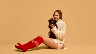 Örgü süveter ve Red Sox giyen genç bir kadın. Stüdyoda çalışan sevimli siyah kaniş köpeğiyle poz veriyor. Hayvan kavramı, kış mevsimi, arkadaşlık, mutluluk.