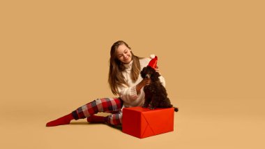 Gelmiş geçmiş en iyi hediye. Sıcak kış kıyafetleri ve damalı pijama pantolonu giymiş, kırmızı Noel şapkalı sevimli fino köpeğiyle poz veren genç bir kadın. Hayvan kavramı, kış mevsimi, arkadaşlık, mutluluk.