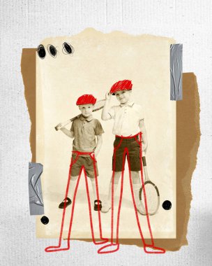 Yarasa ve raketle süslenmiş, kırmızı çizgi sanatı ve grafik aksanıyla süslenmiş Sepia tonlarında iki çocuk. Çağdaş sanat kolajı. Çocukluk kavramı, hayaller, fantezi, yaratıcılık