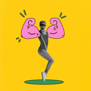 Aşırı büyük pembe karikatür kaslarıyla, parlak sarı arkaplan üzerine kurulmuş, erkek vuruşunun eğlenceli ve ilginç bir tasviri. Çağdaş sanat kolajı. Spor anlayışı, mizah, güç