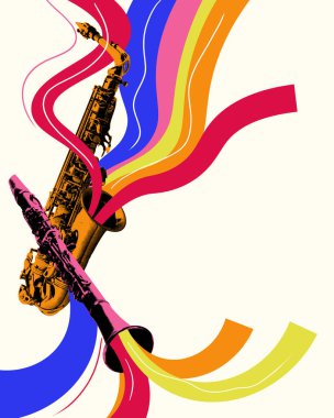 Saksafon ve klarnet ikilisi saksafon ve klarnet çok renkli elementlerle arka planda birlikte çalıyorlar. Seslerin ahengi. Yaratıcı sanat kolajı. Müzik, festival, yaratıcılık kavramı