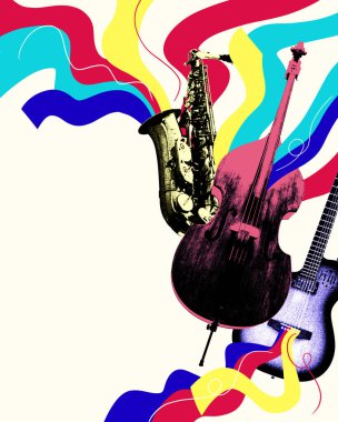 Düz saksafon, kalın bas ve elektro gitarı ses ve renk senfonisine harmanlayan üç enstrüman. Yaratıcı sanat kolajı. Müzik, festival, yaratıcılık, soyut sanat eserleri kavramı
