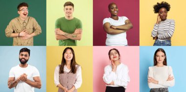 Çok renkli arka plana gülümseyen farklı uyruklu erkek ve kadınların portresinden yapılmış kolaj. İnsan duyguları, ırkı, eşitliği, hakları, çeşitliliği kavramı