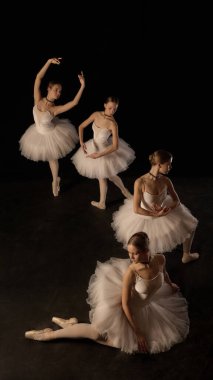 Zarif ve zarif genç kızların dikey görüntüsü, balerinler yaratıcı bir görüntü oluşturuyor, karanlık arka planda güzel bir performans sergiliyorlar. Klasik dans, sanat, hareketlerin güzelliği kavramı