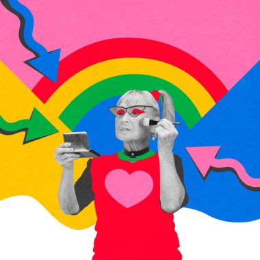 Renkli pop-art tarzı arka planda makyaj yapan yaşlı bir kadın. Canlı ve ilginç bir tasarım. Kıdemli güzellik ve kendine dikkat. Aktif yaşlılık yaşam tarzı, sağlık ve sağlık kavramı.