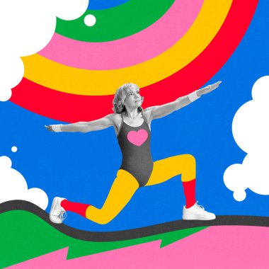 Yaşlı bir kadın yoga pozisyonunda kollarını açmış, soyut renklere karşı eğitim görüyor. Çağdaş sanat kolajı. Aktif yaşlılar yaşam tarzı, sağlık hizmetleri, sağlık. Pop sanat