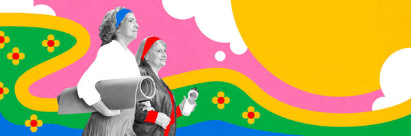 Two senior women walking together with yoga mats after yoga class against abstract colorful background. Contemporary art collage. Concept of active elderly lifestyle, health care, wellness. Pop art