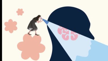 Hareket etmeyi, animasyonu durdurun. Beyninde spot ışıklarıyla kafasının içine bakan kadın, içgözlem ve derin anlayış ve sezgi arayışını sembolize ediyor. Psikoloji kavramı, akıl sağlığı