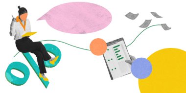 Yüzey tabelalarında yüzen raporlar ve parayla oturan genç bir kadın, mali analizi, iş raporlarını ve istatistikleri temsil ediyor. İş, muhasebe, finans, ekonomi kavramı.