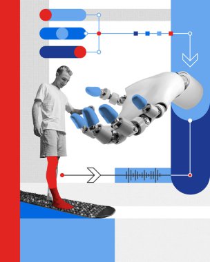 Genç adam rehabilitasyon ekipmanlarını robot el yardımıyla kullanıyor, sağlık teknolojisinin geleceğini gösteriyor. Modern teknoloji kavramı, yenilik, robotlar ve insanlar arasındaki etkileşim