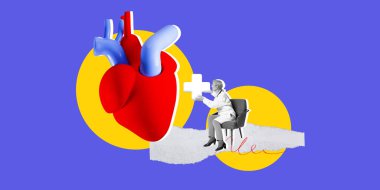 Çapraz sembolle kalp yanında oturan doktor, kalp bakımı ve tıbbi uzmanlığı vurguluyor. Çağdaş sanat kolajı. İlaç, tedavi, kalp sağlığı, sağlık kavramı