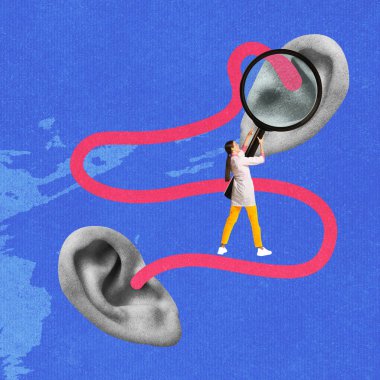 Kalın pembe çizgiyle bağlanmış insan kulakları, büyüteçle kontrol edilen kadın işitme ve işitme testlerini sembolize ediyor. Çağdaş sanat kolajı. Sağlık, bakım, tıbbi tedavi kavramı