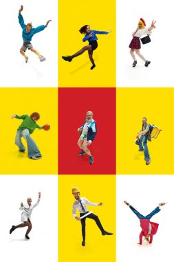 Farklı yaşlarda farklı insanların dikey kolajı ve çok renkli arka planda zevkle poz vermeleri. İş kadını, basketbolcu, yaşlı adam, doktor. Meslek anlayışı, yaşam tarzı