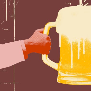 Canlı bir tasarım. Erkek el, koyu kahverengi arka planda dev desenli bira bardağını tutuyor. Klasik poster sanatı, yarım ton, doku. Bira, parti, kutlama, festival, eğlence kavramı