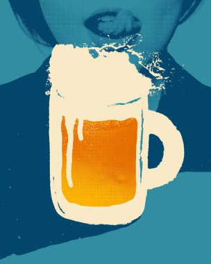 Yaratıcı pop sanat illüstrasyonu. Köpüklü bira bardağı ve diliyle mavi arka planda görünen kesilmiş kadın yüzü. Bira, parti, kutlama, festival, eğlence kavramı