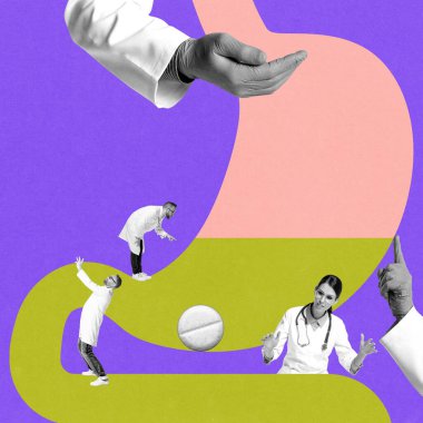Laboratuvar önlüklü doktorlar soyut sindirim sistemi modelini inceleyerek gastrointestinal sağlık ve araştırmayı sembolize ediyorlar. Kavramsal tasarım. İlaç, sağlık, sindirim sağlığı kavramı