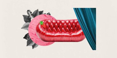 Glossy red sofa resembling strawberry, layered with green leaves and blue velvet curtain in surreal artistic composition. Contemporary art collage. Concept of creativity, surrealism, interior design clipart