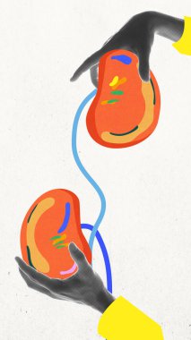 Kalın turuncu ve mavi tonlarda elleri olan böbrek anatomisinin yaratıcı tasviri. Kavramsal sanat tasarımı. Tıp, tedavi, sağlık, tıp bilimi, anatomi kavramı