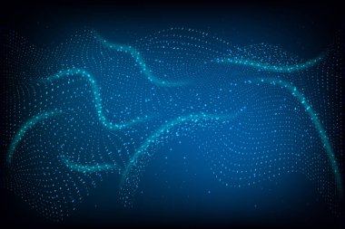Parlayan mavi parçacıklarla dinamik ve soyut dalga yapısı, veri akışını, teknolojik ilerlemeyi ve dijital dönüşümü temsil ediyor. Yenilikler, dijital sanat, teknoloji, iş kavramı