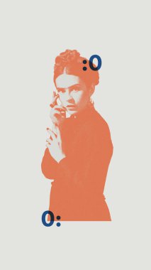 Elegant woman in vintage black dress, exuding drama and intensity, with a piercing expression, accented by orange and blue graphic elements. Concept of history, creativity, comparison of eras clipart