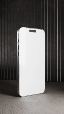 Minimalist akıllı telefon modeli ile metalik çizgileri olan karanlık arka plan. Yüksek kalite 3D görüntüleme, mobil uygulamaları, markalaştırma, web sitesi arayüzleri, reklamcılık, ürün tasarımı için mükemmel