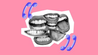 Birden fazla ağız ve mavi telefonun yer aldığı soyut kolaj, çevrimiçi tartışmaları, sosyal ağları ve dijital etkileşimi temsil ediyor. Sosyal medya, iletişim, ağ kurma kavramı