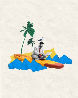Uzak çalışma cenneti. Rahat iş adamı kürek çekerken dizüstü bilgisayarda çalışıyor, martı kafasının üstüne tünemiş. Palmiye ağaçları, mavi dalgalar, dijital yaşam tarzı. Çağdaş sanat, seyahat, özgürlük.