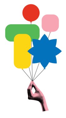 Balon şeklinde çeşitli konuşma balonlarına bağlı olarak el ele tutuşmalar, fikirleri sembolize eden konuşmalar, çeşitli iletişim şekilleri, dinamik çevrimiçi ağlar. Soyut sanat kolajı