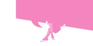 Büyük bir konuşma baloncuğunun ağırlığı altında mücadele etmek, kelimelerin baskısını, konuşma yükünü, iletişimde üstünlüğü göstermek. İletişim kavramı. Soyut sanat. Boşluğu kopyala