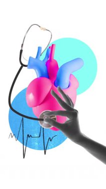 Stetoskop, EKG dalgası ve kalbi olan bir doktor eli, sağlık izleme ve kardiyovasküler bakımı sembolize ediyor. Hareket etmeyi, animasyonu durdurun. İlaç, tedavi, kalp sağlığı kavramı
