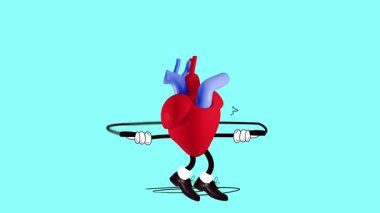 Kalp atlama halatı, kardiyovasküler zindelik ve aktif yaşama dair eğlenceli bir tasvir. Hareket etmeyi, animasyonu durdurun. İlaç, tedavi, kalp sağlığı, sağlık, fitness kavramı