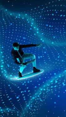 Holografik mavi veri akışı üzerinde dengede duran bir adam dizüstü bilgisayar kullanıyor, dijital parçacıklarla çevrili. Teknolojinin modern iş dünyasına entegrasyonu ve yeniliği. Dijital sanat ve teknoloji kavramı