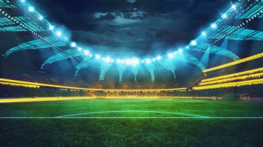 Futuristik stadyum. Parlak projektörleri, canlı yeşil sahaları ve coşkulu gökyüzü ile dolu büyük, modern bir futbol sahası. 3 boyutlu görüntüleme. Spor, maç, olay, şampiyonluk kavramı.