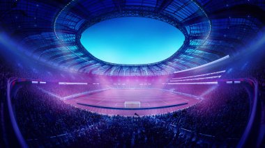 Neon ışıklı stadyum. Neon mor ve mavi ışıklarla parlayan stadyum, heyecanlı taraftarlarla dolu, büyük futbol sahasını çevreleyen fütüristik arena. 3 boyutlu görüntü, balık bakışı. Spor anlayışı, oyun