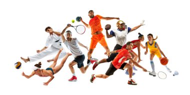 Tenis, hentbol, futbol ve basketbol oynayan sporcuların kolajı. Güçlü dinamik pozlar havada yakalanır. Profesyonel sporlarda tutku, performans ve şampiyonluk kavramı.