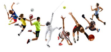 Badminton, eskrim, futbol ve basketbolda yarışan profesyonel atletlerin kolajı. Yoğun hareket beyaz arka planda donup kaldı. Rekabet, takım çalışması ve kararlılık kavramı.