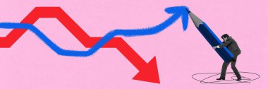 Büyük boy mavi kalemi kaldıran işadamı, kırmızı düşüş eğilimi üzerinde mavi yukarı doğru eğri çiziyor. Piyasa düzelmesi. Mali düzeltme kavramı, yatırım stratejisi, ekonomik esneklik, kâr büyümesi