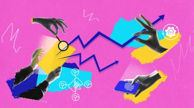 Veri güdümlü optimizasyon. Eller grafik çizgileri, büyüteç, dişli ikonu ve parmak izi kartıyla etkileşime girer. Analitik ve piyasa araştırmaları. Dijital pazarlama, sosyal medya konsepti. Fotokopi etkisi