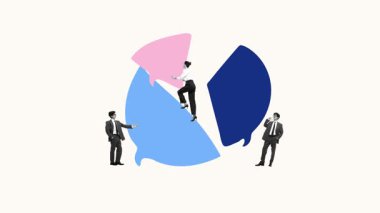 Takım renkli pasta grafiğiyle konuşma baloncukları, stratejik karar verme ve analiz şeklinde etkileşime geçiyor. Hareket etmeyi, animasyonu durdurun. Takım çalışması kavramı, işbirliği, iş. Kavramsal tasarım