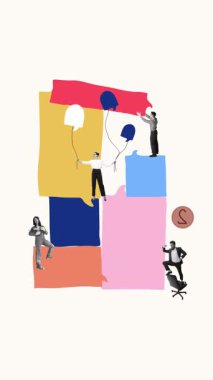 Takım renkli konuşma baloncuklarıyla etkileşime geçiyor, etkili bir şirket kurmak için işbirliği yapıyor ve iletişim kuruyor. Hareket etmeyi, animasyonu durdurun. Takım çalışması kavramı, iletişim, iş dünyası, yaratıcı çözümler