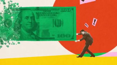 Dev dolar banknotları tutan adam, enflasyon ve ekonomik baskı arasındaki mali zorlukları sembolize ediyor. Hareket etmeyi, animasyonu durdurun. Enflasyon kavramı, mali kriz, piyasa istikrarsızlığı