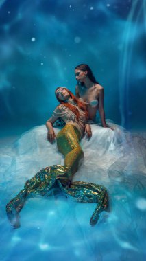 Gizemli bir rahatlama havası. İki güzel kadın, parlak kuyruklu denizkızları ve inci aksesuarları okyanus benzeri arka planda sükunetin tadını çıkarıyorlar. Fantezi, kaplıca, güzellik kavramı