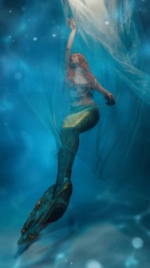 Zarif kızıl saçlı kadın, inci aksesuarlı denizkızı şeffaf peçeyle nazikçe örtülmüş, gözleri kapalı okyanusun derinliklerinde dans ediyor. Fantezi kavramı, hayaller, aşk, sağlık, güzellik