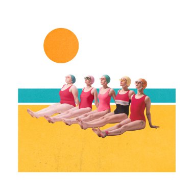 Renkli mayo ve klasik şapkalı beş kadından oluşan bir grup, grafik plajında güneşin altında senkronize bir şekilde oturuyorlar. Çağdaş sanat kolajı. Yaz kavramı, tatil, uyum, retro estetik.
