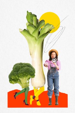 Yürüyen brokoliye megafonla bağıran ve turuncu yamada pırasa olan bir kadın. Çağdaş sanat kolajı. Gerçeküstü bahçıvanlık, hasat kaosu, mizah anlayışı, sürdürülebilir gıda döngüsü kavramı.
