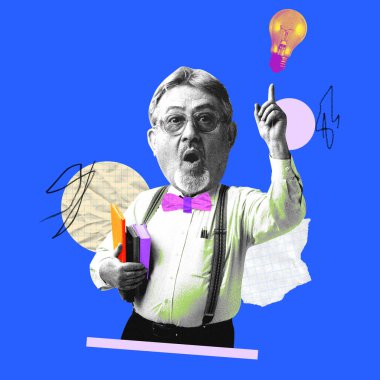 Kitapları tutan yaşlı öğretmen, ampulün altında fikir yürütme anı. Çağdaş sanat kolajı. İlham kavramı, eğitim bilgeliği, yaratıcı bilgi transferi. Fotokopi etkisi.