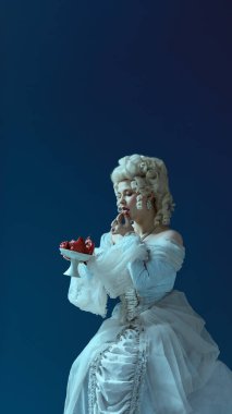 Muhteşem bir zarafet. Beyaz rokoko cüppeli, toz peruklu, nar kokulu, koyu mavi arka planda kraliyet figürü olarak stilize edilmiş bir kadın. Tarihsel portre kavramı, ortaçağ dönemi, karakter.